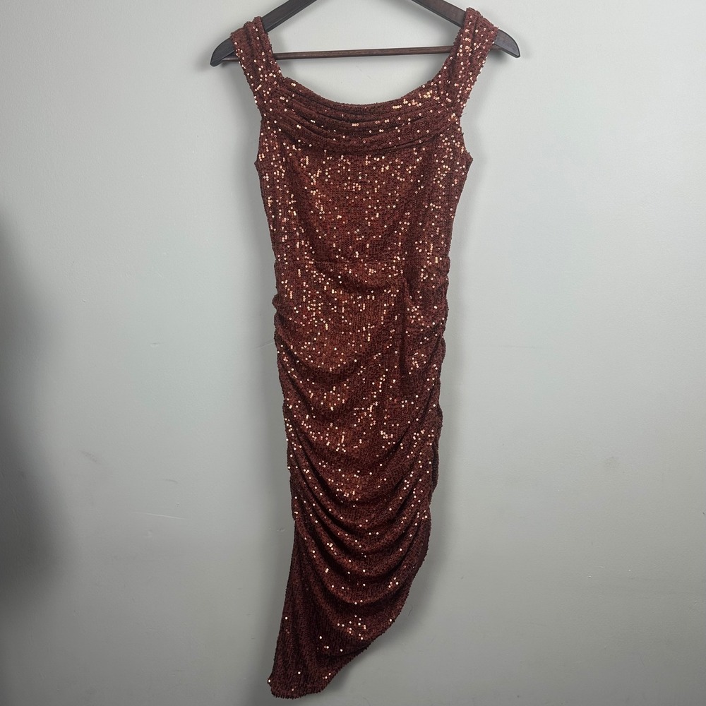 Ricarica Bronze/Copper Sequin Ruched Asymmetrical Midi Size M Cocktail Party